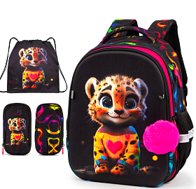 Ортопедичний рюкзак з пеналом та мішком 3 в 1 для дівчинки School Standard 38х30х18 см з Тигром в 1 клас (Full 170-68)